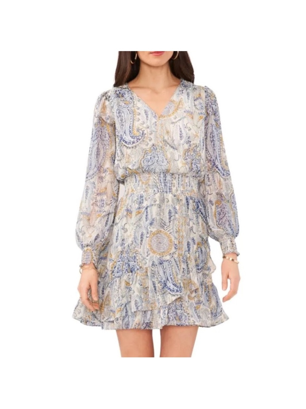 Vince Camuto Blue & Cream Paisley Long-Sleeve Ruffle Mini Dress